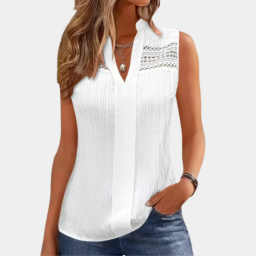 Damen ärmellose Bluse mit Spitze und V-Ausschnitt-XS-Luzern Mode