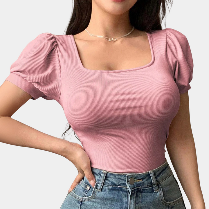 Damen Kurzarm Top mit Puffärmeln und Quadrat-Ausschnitt-Luzern Mode