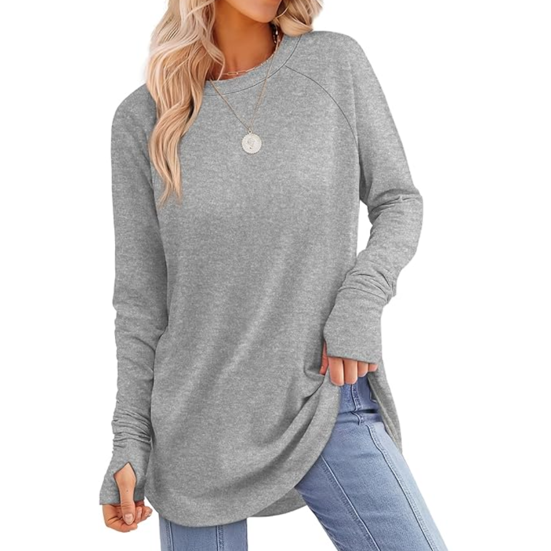 Damen Langarmshirt aus Baumwolle für Freizeit und Büro-Grau-S-Luzern Mode