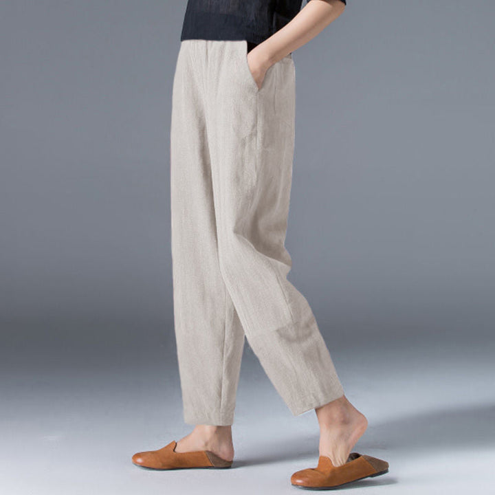 Sommerhose Damen | Leinen Baumwolle | Atmungsaktiv | Elastisch | Freizeit Look-Beige-M-Luzern Mode