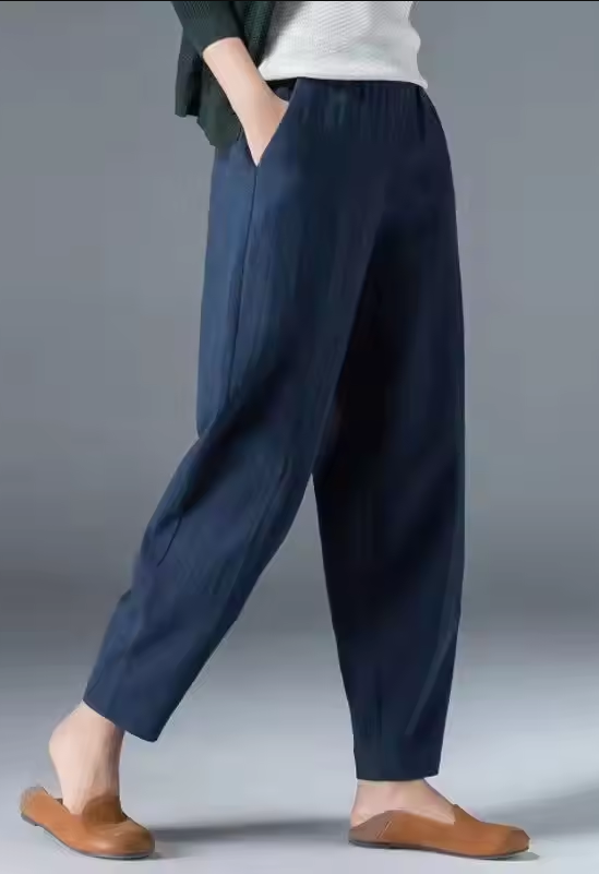 Sommerhose Damen | Leinen Baumwolle | Atmungsaktiv | Elastisch | Freizeit Look-Blau-M-Luzern Mode