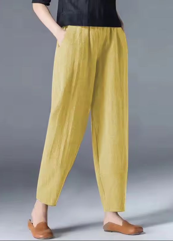 Sommerhose Damen | Leinen Baumwolle | Atmungsaktiv | Elastisch | Freizeit Look-Gelb-M-Luzern Mode
