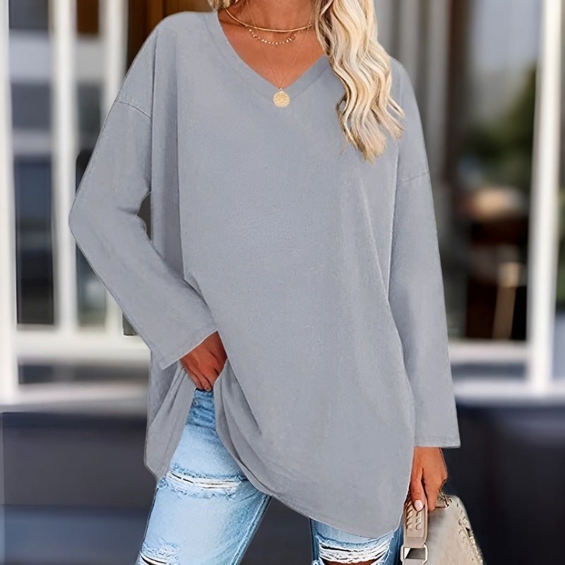Damen Oversize Pullover V-Ausschnitt für Freizeit und Büro-Grau-S-Luzern Mode