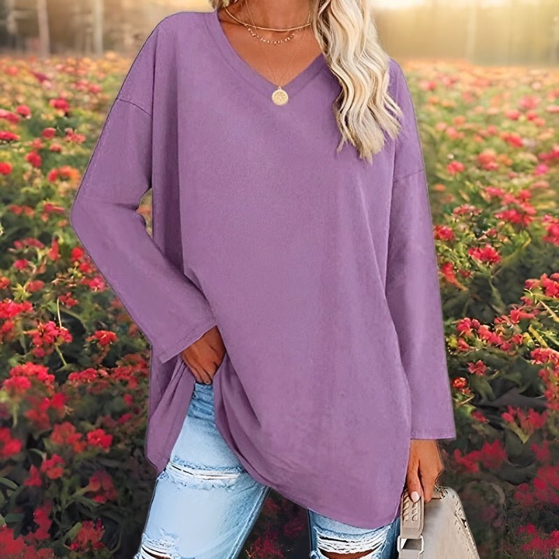 Damen Oversize Pullover V-Ausschnitt für Freizeit und Büro-Lila-S-Luzern Mode