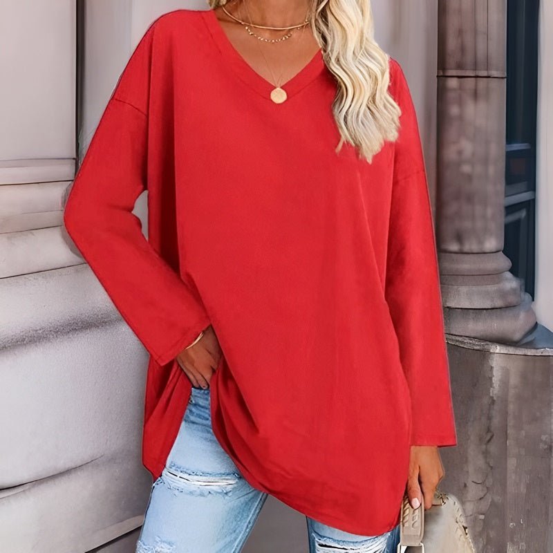Damen Oversize Pullover V-Ausschnitt für Freizeit und Büro-Rot-S-Luzern Mode