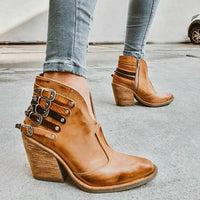 Damen Stiefeletten | Veganes Leder | Blockabsatz | V-Ausschnitt | Schnalle | Uni-Braun-35-Luzern Mode
