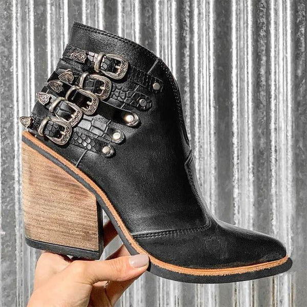 Damen Stiefeletten | Veganes Leder | Blockabsatz | V-Ausschnitt | Schnalle | Uni-Luzern Mode