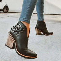 Damen Stiefeletten | Veganes Leder | Blockabsatz | V-Ausschnitt | Schnalle | Uni-Luzern Mode