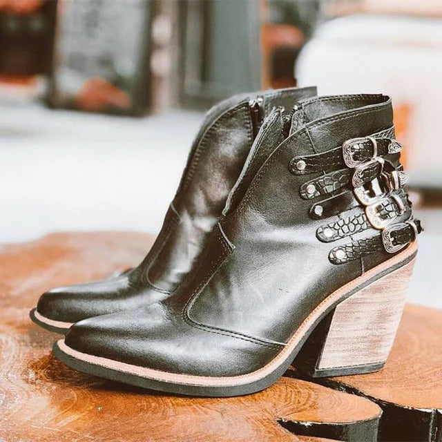 Damen Stiefeletten | Veganes Leder | Blockabsatz | V-Ausschnitt | Schnalle | Uni-Schwarz-35-Luzern Mode
