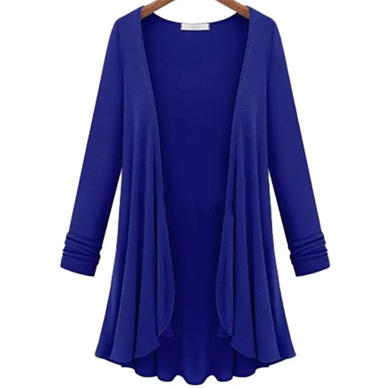 Damen Strick-Cardigan | Rüschen | Unifarbe | Offen Design | Langarm-Blau-S-Luzern Mode