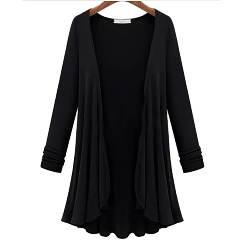 Damen Strick-Cardigan | Rüschen | Unifarbe | Offen Design | Langarm-Schwarz-S-Luzern Mode