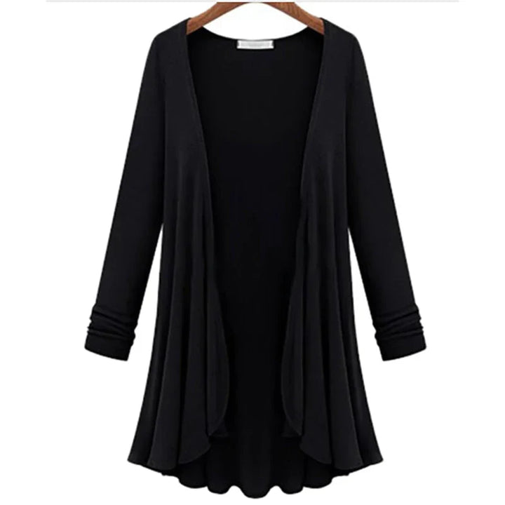 Damen Strick-Cardigan | Rüschen | Unifarbe | Offen Design | Langarm-Schwarz-S-Luzern Mode