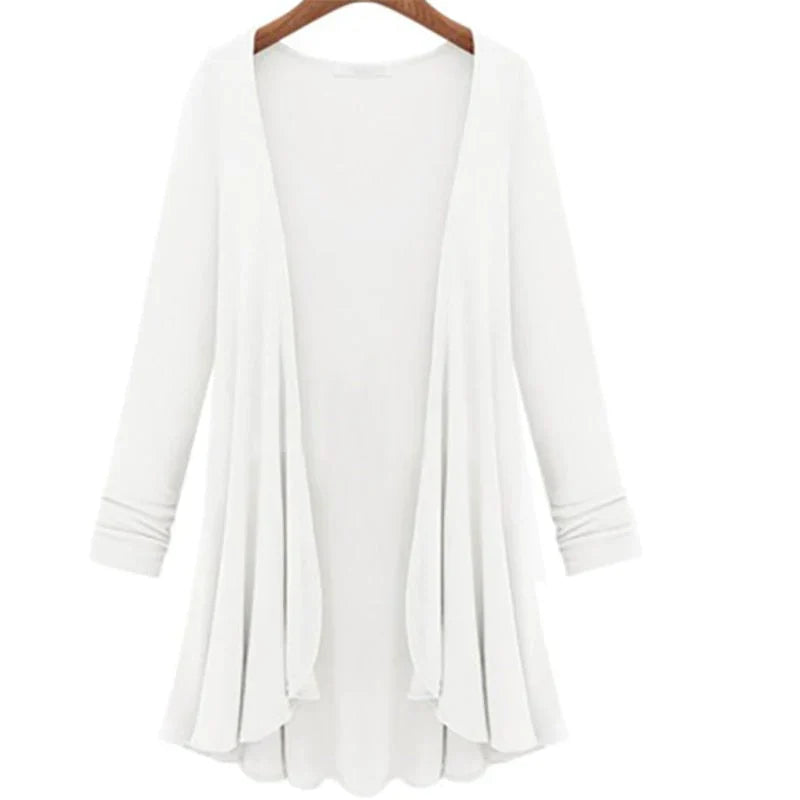 Damen Strick-Cardigan | Rüschen | Unifarbe | Offen Design | Langarm-Weiß-S-Luzern Mode