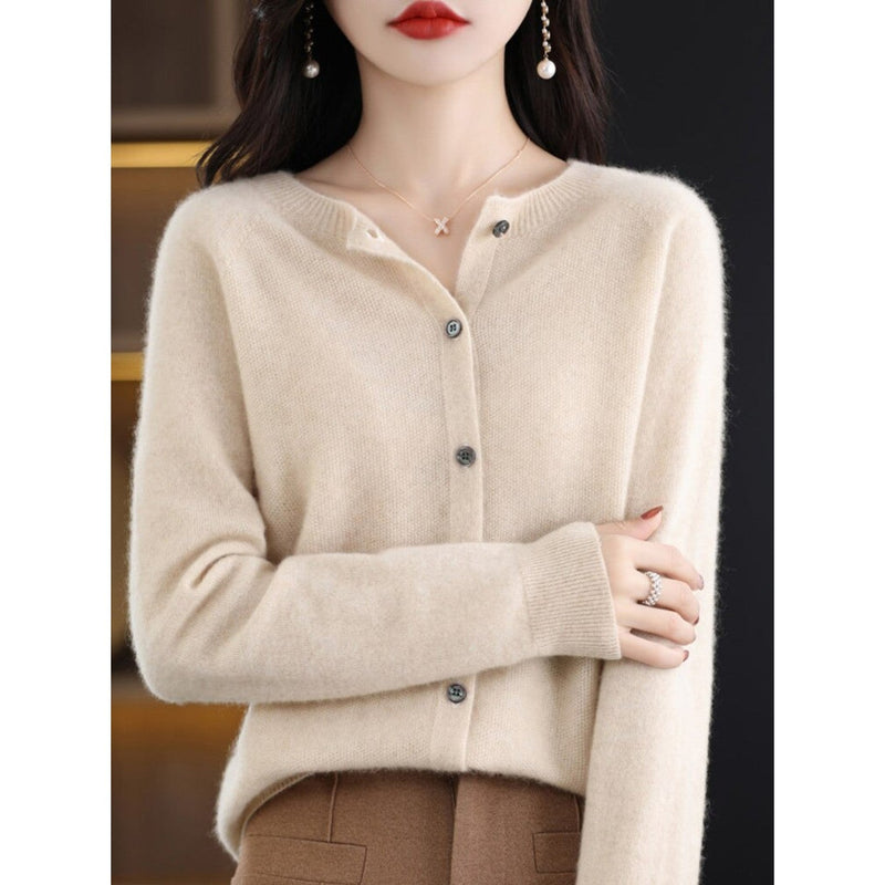 Damen Strickjacke mit Knöpfen - Eleganter Cardigan Look-Hellbraun-S-Luzern Mode