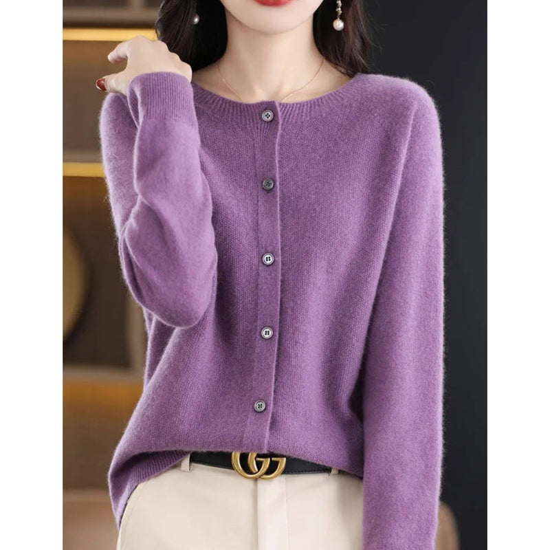 Damen Strickjacke mit Knöpfen - Eleganter Cardigan Look-Lila-S-Luzern Mode