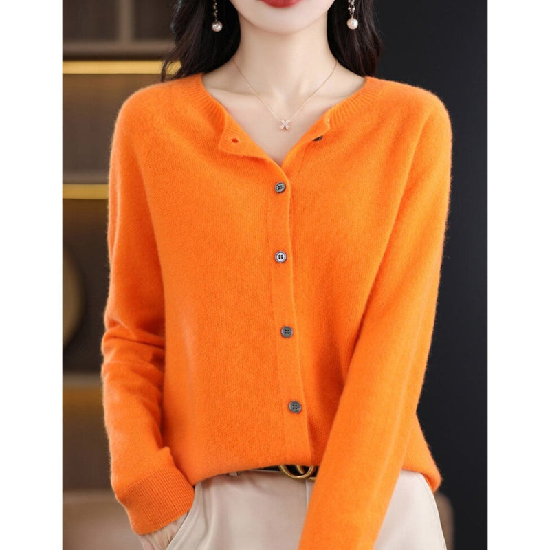 Damen Strickjacke mit Knöpfen - Eleganter Cardigan Look-Orange-S-Luzern Mode