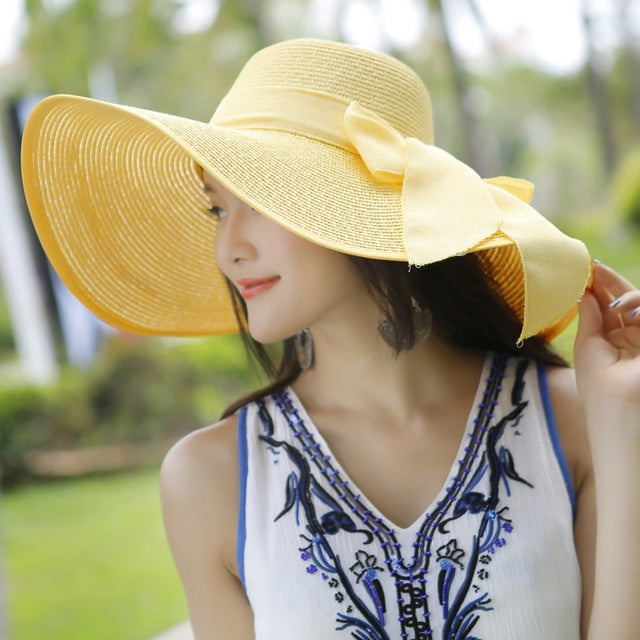 Strohhut Sommer Damen | Atmungsaktiv | Für Outdoor | Klassisch & Kombinierbar-Gelb-Luzern Mode