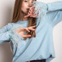 Damen T-Shirt | Lange Ärmel | Runder Hals | Fransen | Einfarbig | Eng-Blau-S-Luzern Mode