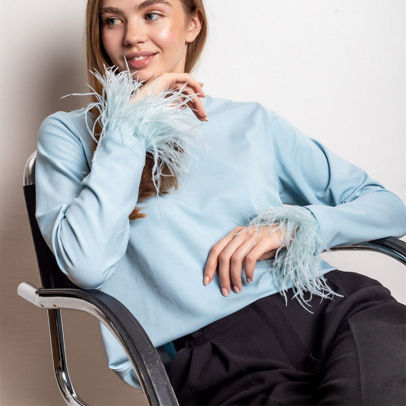 Damen T-Shirt | Lange Ärmel | Runder Hals | Fransen | Einfarbig | Eng-Luzern Mode