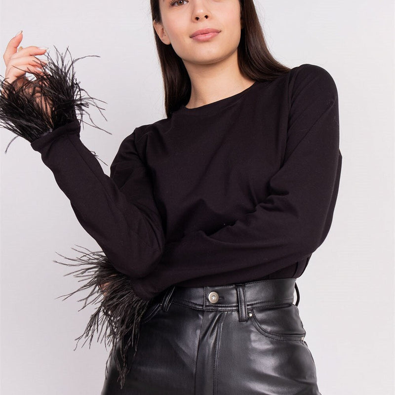 Damen T-Shirt | Lange Ärmel | Runder Hals | Fransen | Einfarbig | Eng-Schwarz-S-Luzern Mode