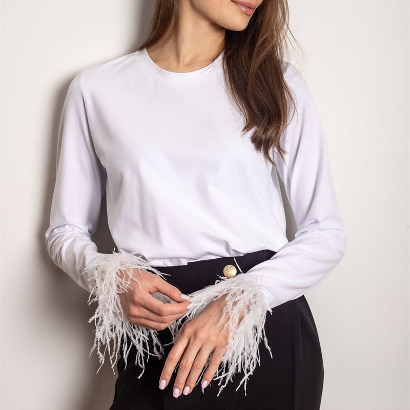 Damen T-Shirt | Lange Ärmel | Runder Hals | Fransen | Einfarbig | Eng-Weiß-S-Luzern Mode