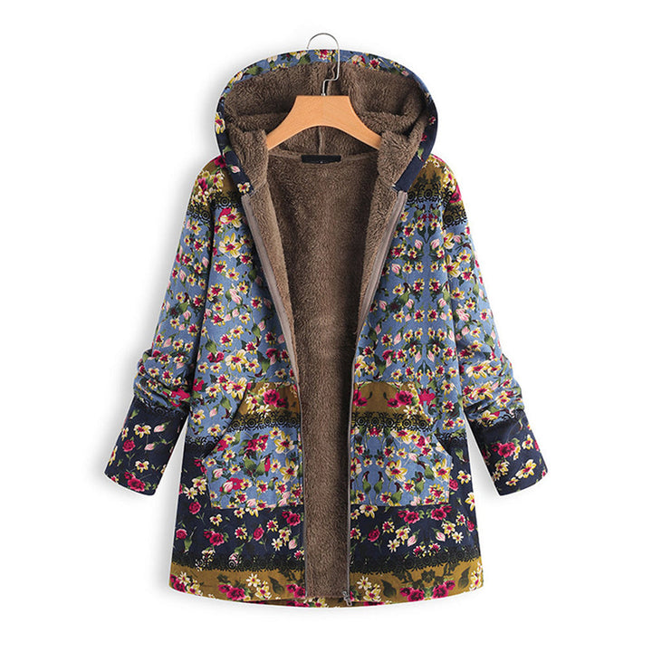 Blumenmuster Jacke mit Reißverschluss und Fleece-Futter-Blau-S-Luzern Mode
