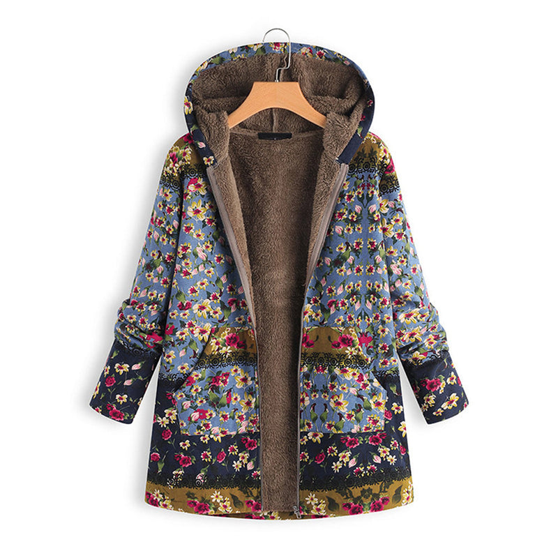 Blumenmuster Jacke mit Reißverschluss und Fleece-Futter-Blau-S-Luzern Mode