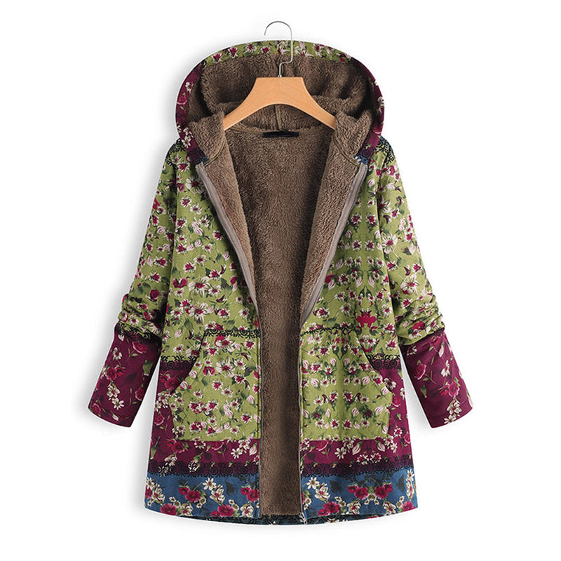 Blumenmuster Jacke mit Reißverschluss und Fleece-Futter-Grün-S-Luzern Mode