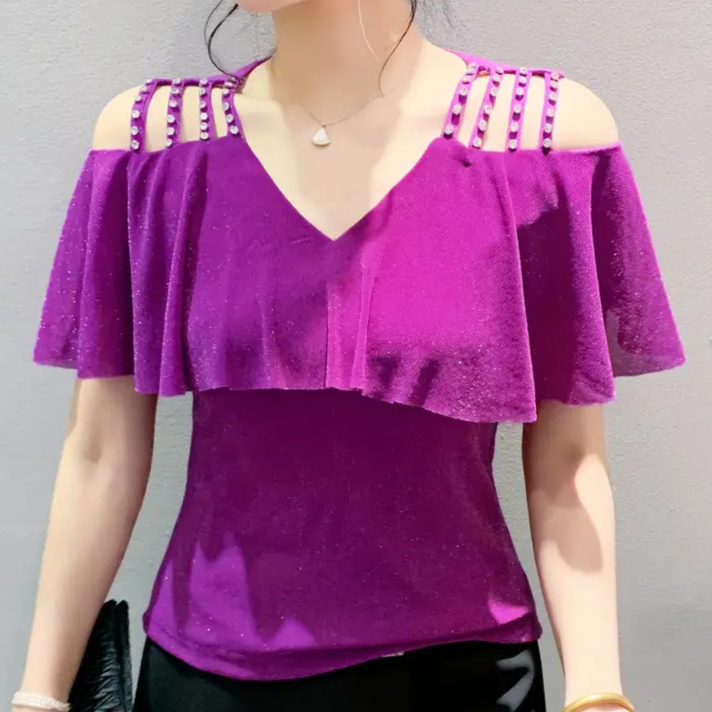 Schulterfreies Damen Top mit Perlen und Volant Design-Lila-XS-Luzern Mode