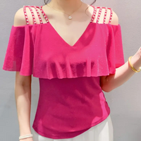 Schulterfreies Damen Top mit Perlen und Volant Design-Rosa-XS-Luzern Mode