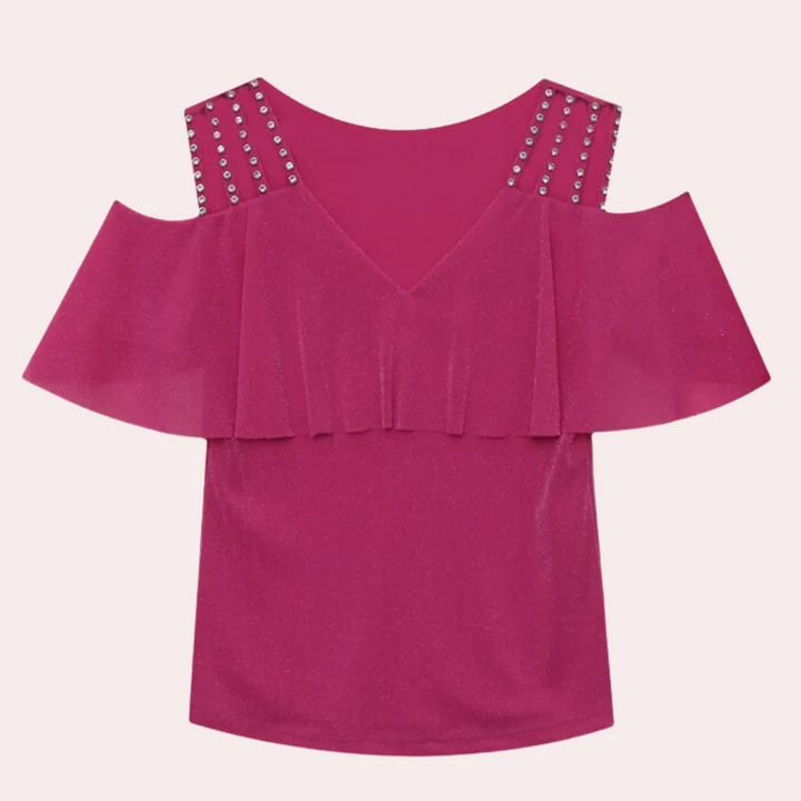 Schulterfreies Damen Top mit Perlen und Volant Design-Luzern Mode