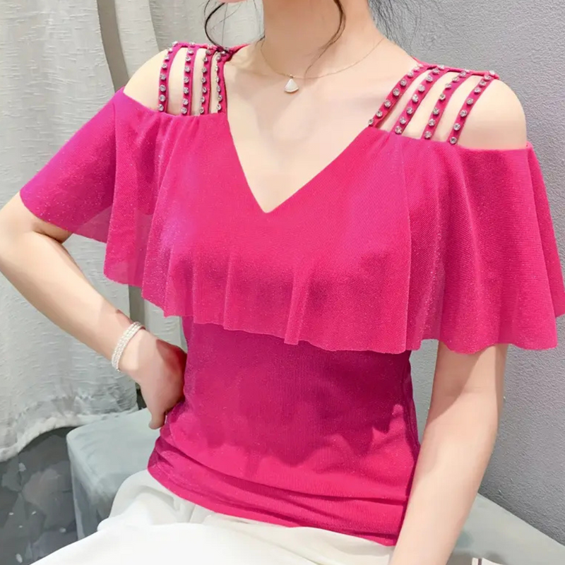 Schulterfreies Damen Top mit Perlen und Volant Design-Luzern Mode
