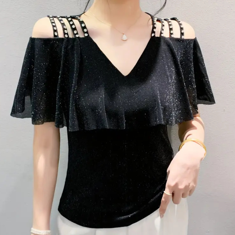 Schulterfreies Damen Top mit Perlen und Volant Design-Schwarz-XS-Luzern Mode
