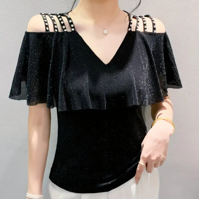 Schulterfreies Damen Top mit Perlen und Volant Design-Schwarz-XS-Luzern Mode