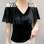 Schulterfreies Damen Top mit Perlen und Volant Design-Schwarz-XS-Luzern Mode