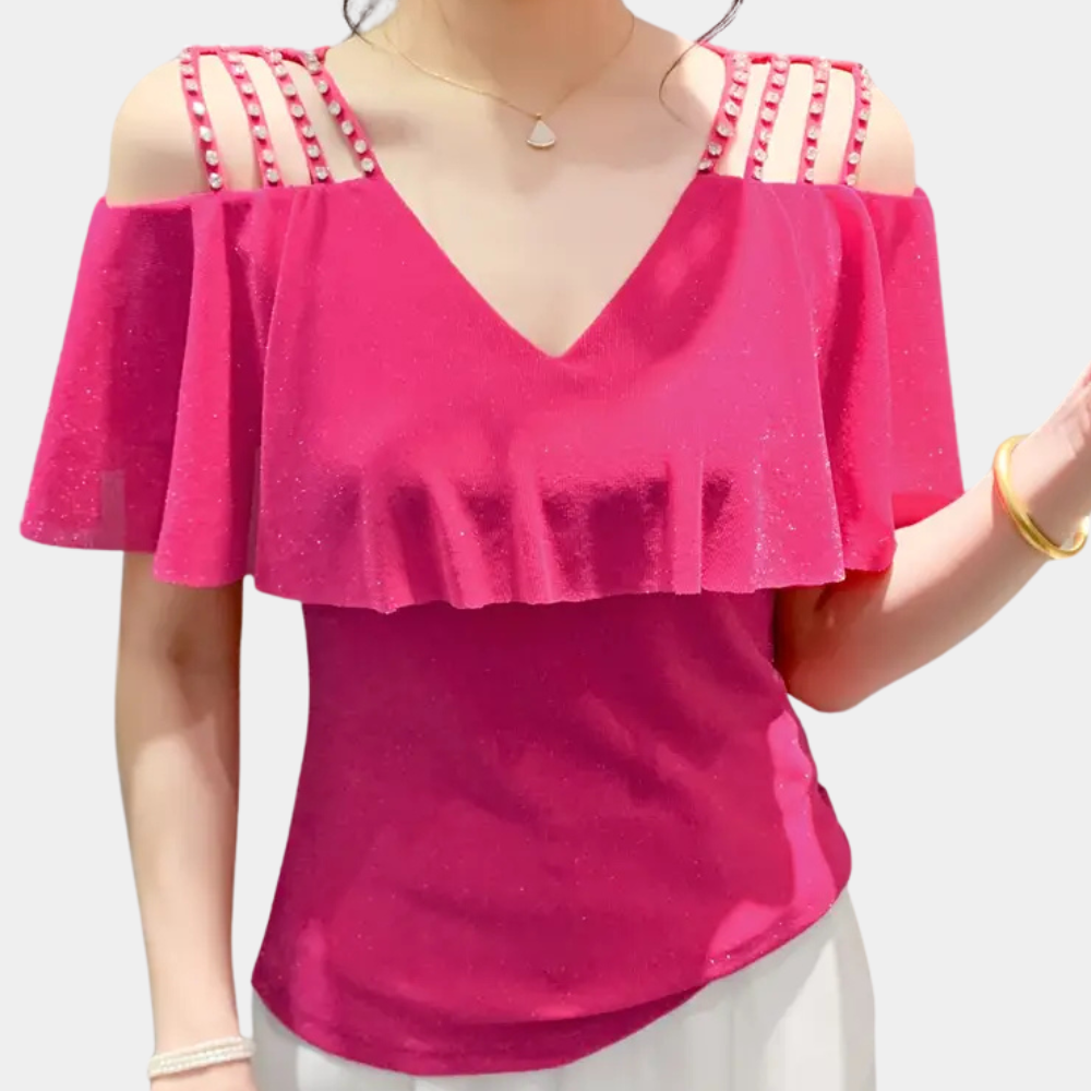 Schulterfreies Damen Top mit Perlen und Volant Design-Luzern Mode