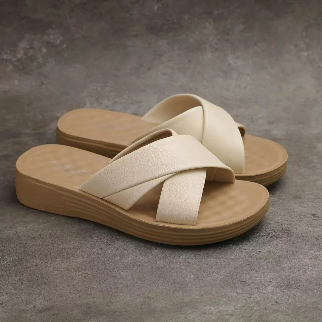 Wedge Slipper Damen | Sommer Look | Keilabsatz 3,5 cm | Offen | Bequem-Beige-35-Luzern Mode