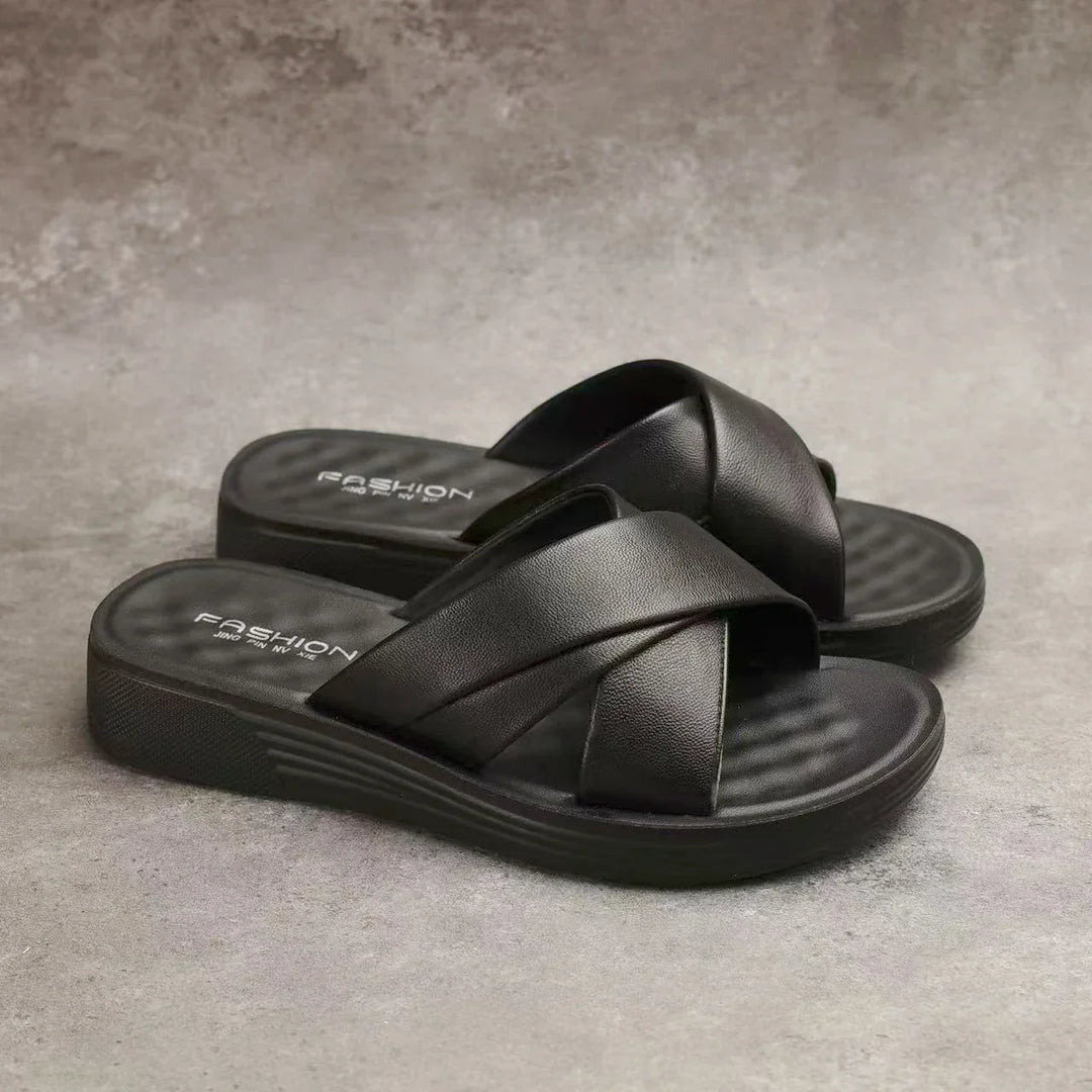 Wedge Slipper Damen | Sommer Look | Keilabsatz 3,5 cm | Offen | Bequem-Schwarz-35-Luzern Mode