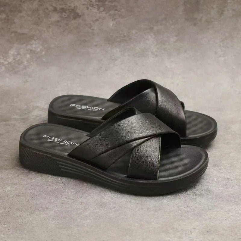 Wedge Slipper Damen | Sommer Look | Keilabsatz 3,5 cm | Offen | Bequem-Schwarz-35-Luzern Mode
