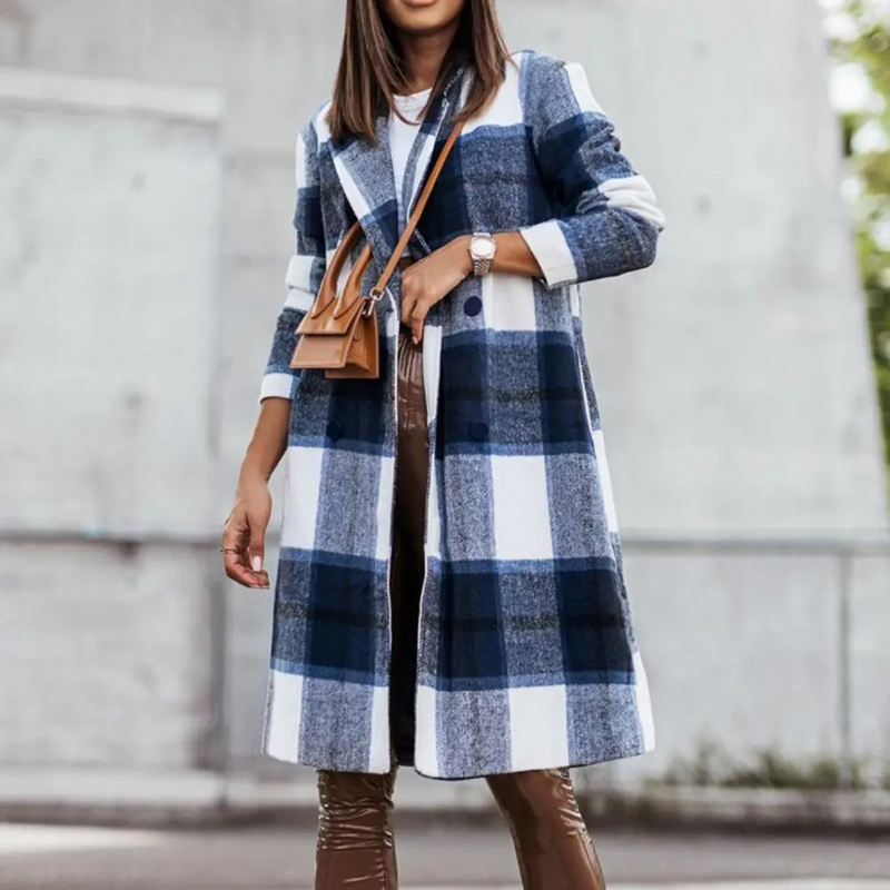Damen Wollmantel kariert elegant Herbst Wintermode-Blau-Weiß-S-Luzern Mode