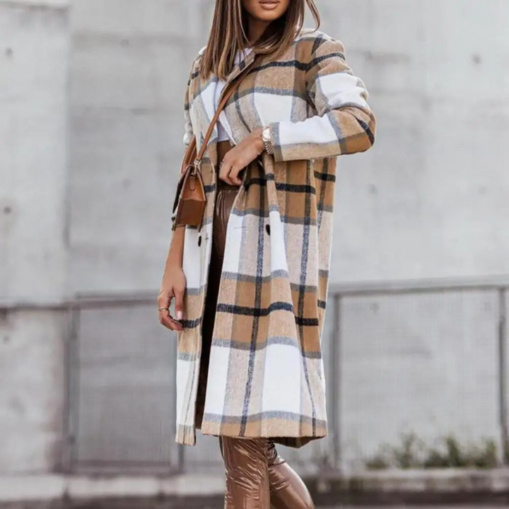 Damen Wollmantel kariert elegant Herbst Wintermode-Braun-Weiß-S-Luzern Mode