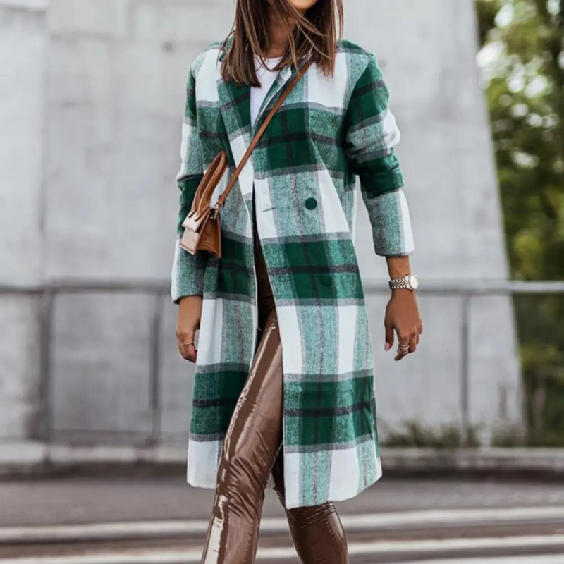 Damen Wollmantel kariert elegant Herbst Wintermode-Grün-Weiß-S-Luzern Mode
