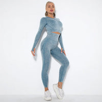 Nahtloses Damen Sport Set - Fitness Leggings und Top-Blau-S-Luzern Mode