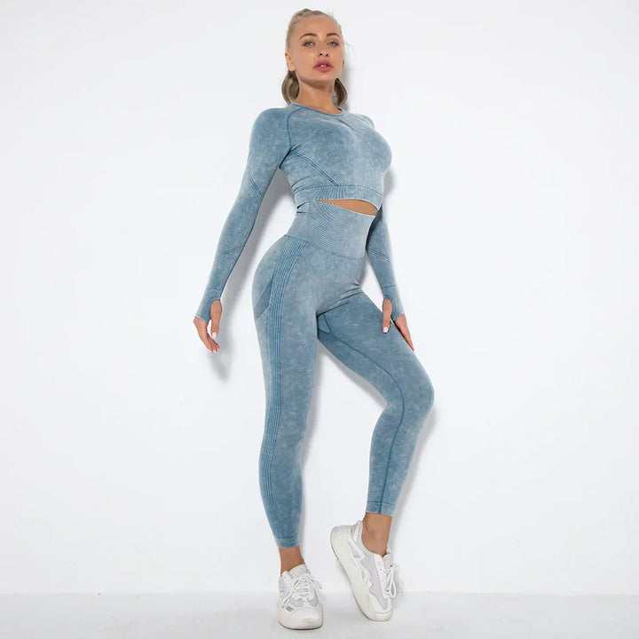 Nahtloses Damen Sport Set - Fitness Leggings und Top-Blau-S-Luzern Mode