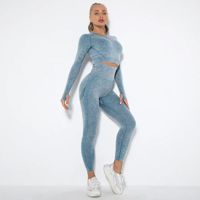 Nahtloses Damen Sport Set - Fitness Leggings und Top-Blau-S-Luzern Mode