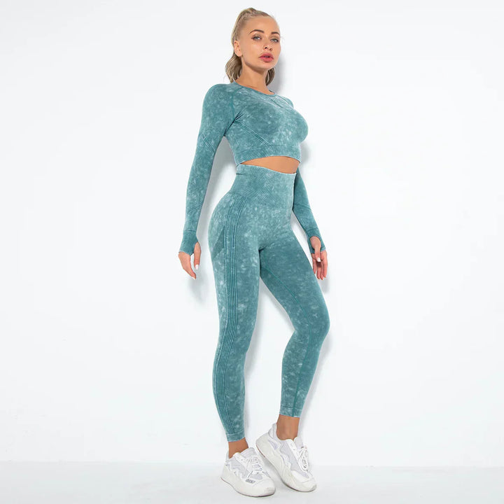 Nahtloses Damen Sport Set - Fitness Leggings und Top-Dunkelgrün-L-Luzern Mode