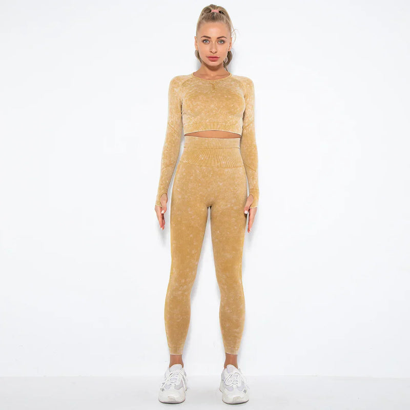 Nahtloses Damen Sport Set - Fitness Leggings und Top-Gelb-M-Luzern Mode
