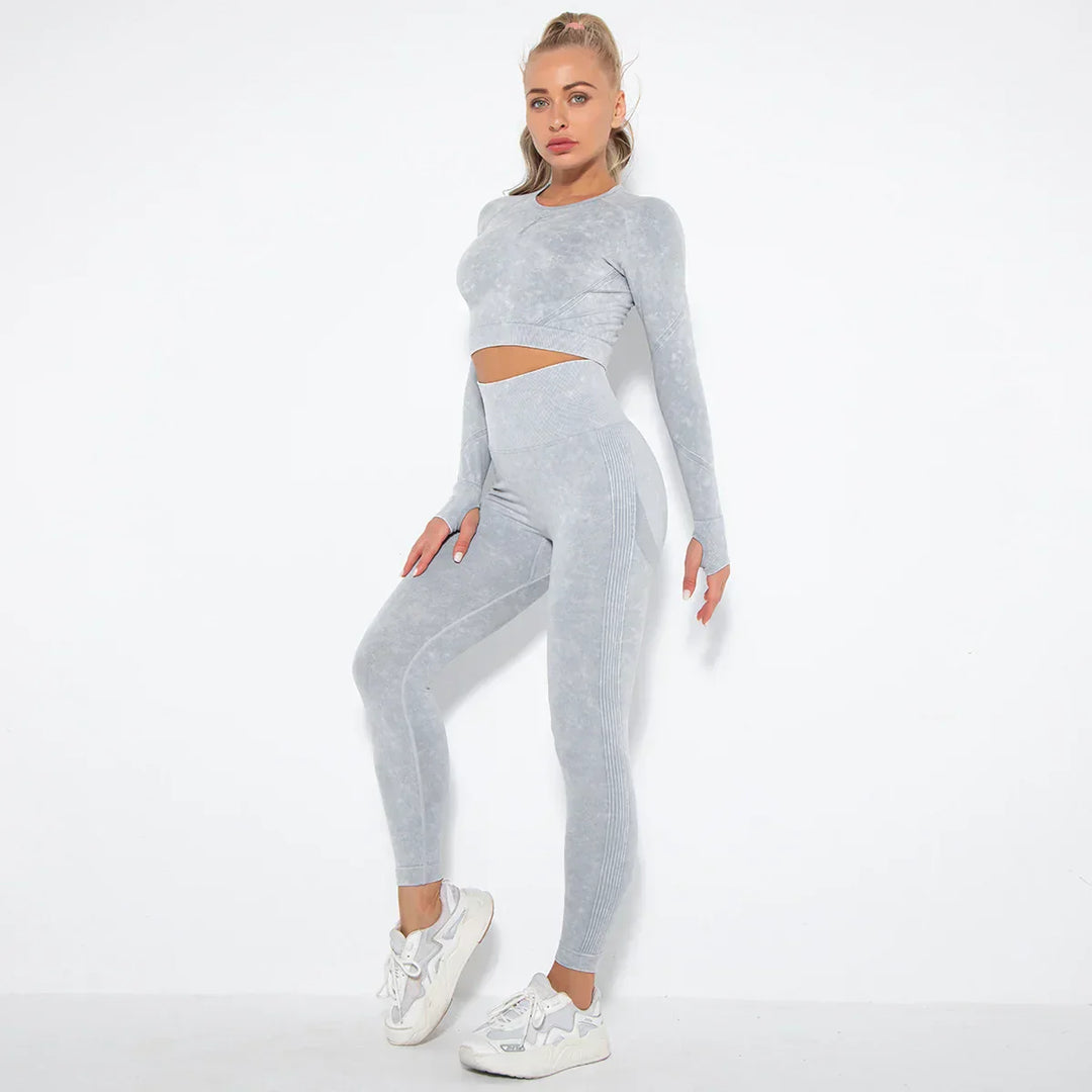 Nahtloses Damen Sport Set - Fitness Leggings und Top-Hellgrau-M-Luzern Mode