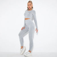 Nahtloses Damen Sport Set - Fitness Leggings und Top-Hellgrau-M-Luzern Mode