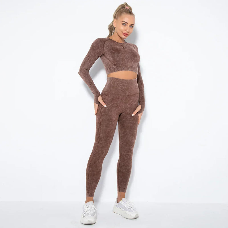 Nahtloses Damen Sport Set - Fitness Leggings und Top-Kaffee-L-Luzern Mode